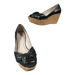 Women's Nicole Knot Open Toe Cork Wedge Heels Black Size 7.5